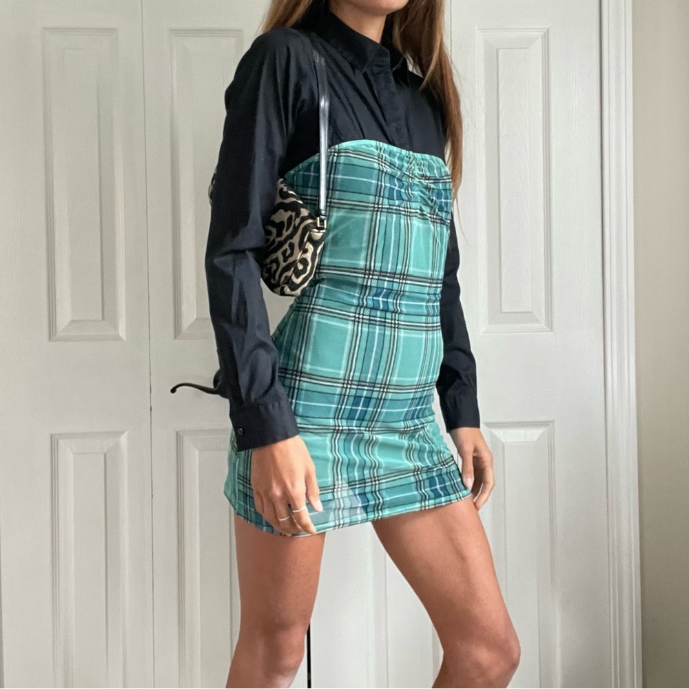 Y2K Mesh Sheer Strapless Bodycon Plaid Mini Dress in Turquoise Blue Green
